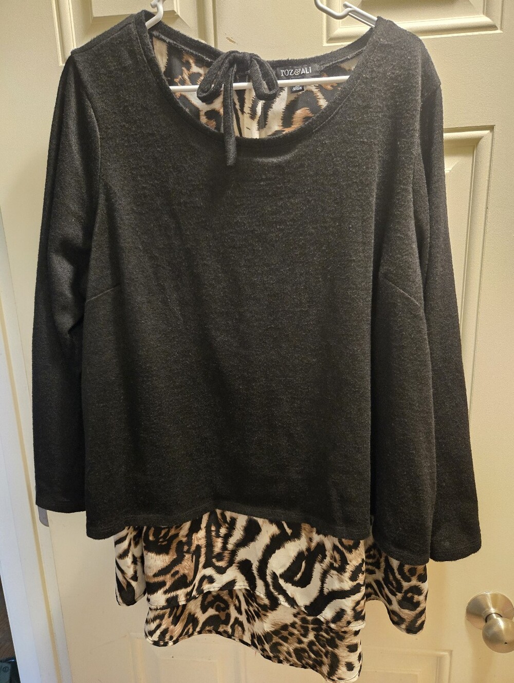Roz & Ali Black Top with Brown Leopard Print Hem